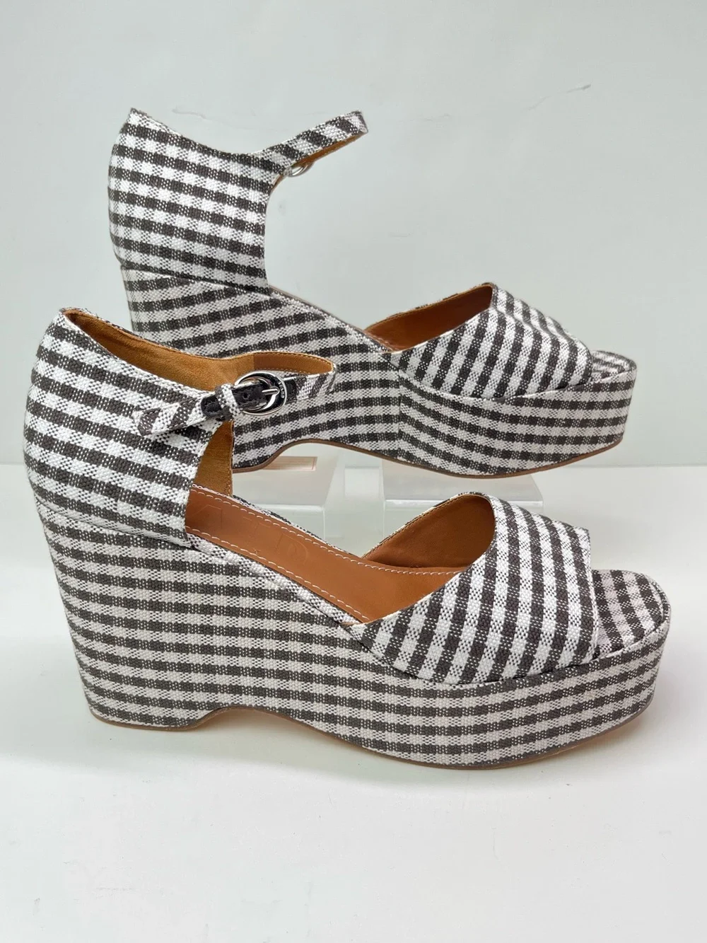 Staud Stella 90s Style Checker Print Canvas Platform Sandals